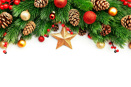 Christmas and New Year background with green spruce branches, co, a Holiday Photo by 5PH