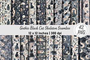 Gothic Black Cat Skeleton Seamless, a Pattern Graphic by Digital Artistic99