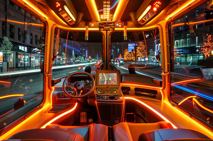 The interior of a contemporary bus i, a Photo by Tanuart