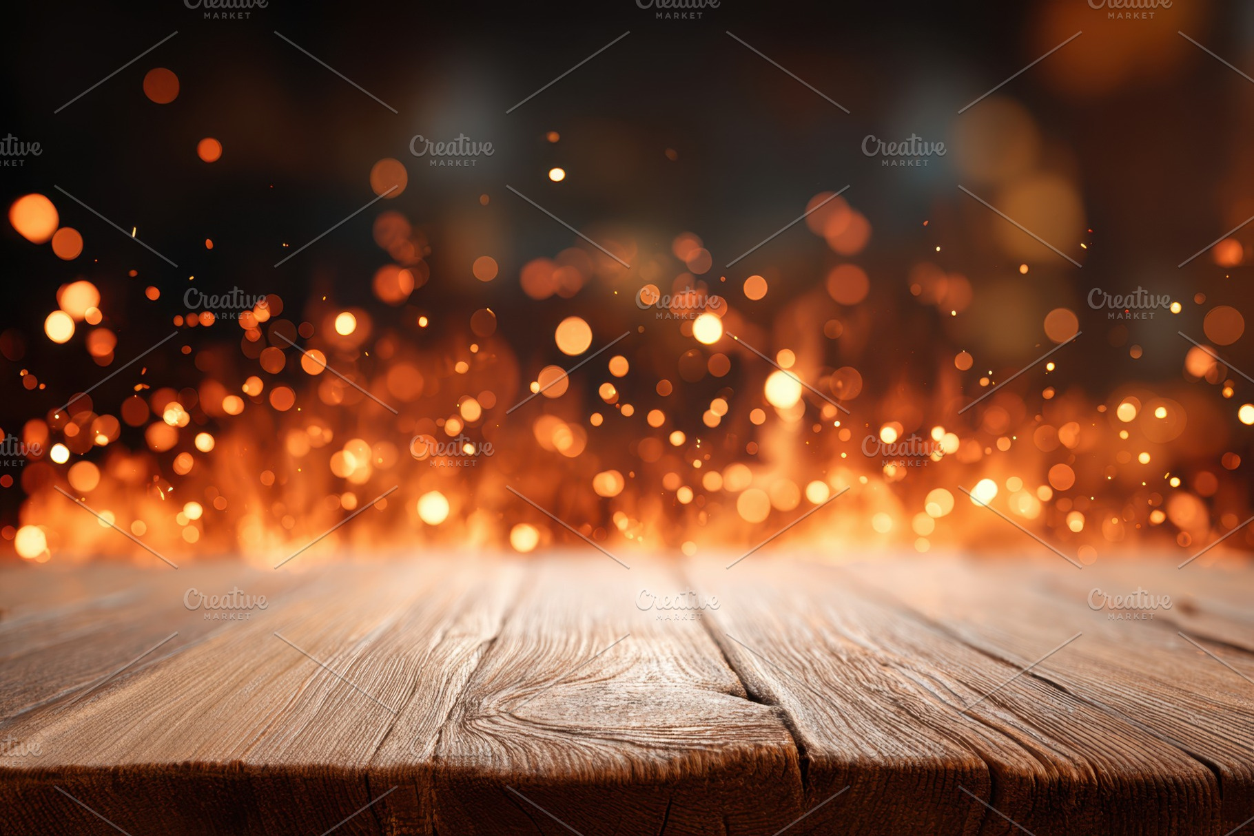 Wooden tabletop with glowing sparks on dark background, a Background Photo by AlyaAnd