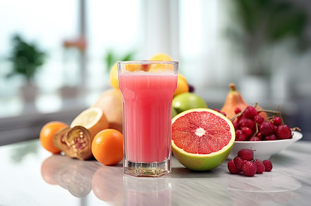 Glass of fresh juice with various fruits, a Food & Drink Photo by AlyaAnd
