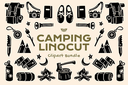 Camping Linocut Clipart Bundle, an Object Illustration by ClayStudio