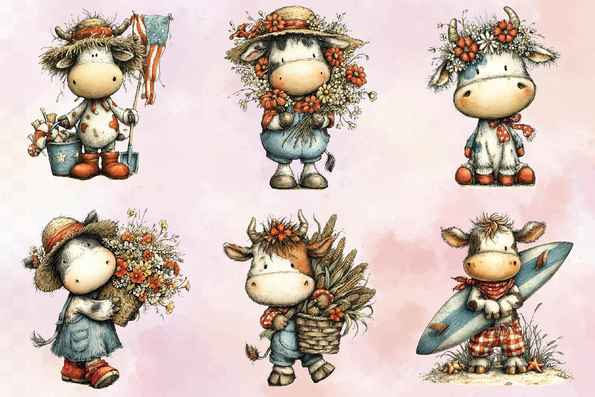 Watercolor Summer Cow Clipart,, an Illustration by SVGArt (Photo 5 of 9)