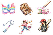 Retro Girly Baseball Clipart Bundle, an Illustration by Dream Creation (Thumbnail 3 of 6)
