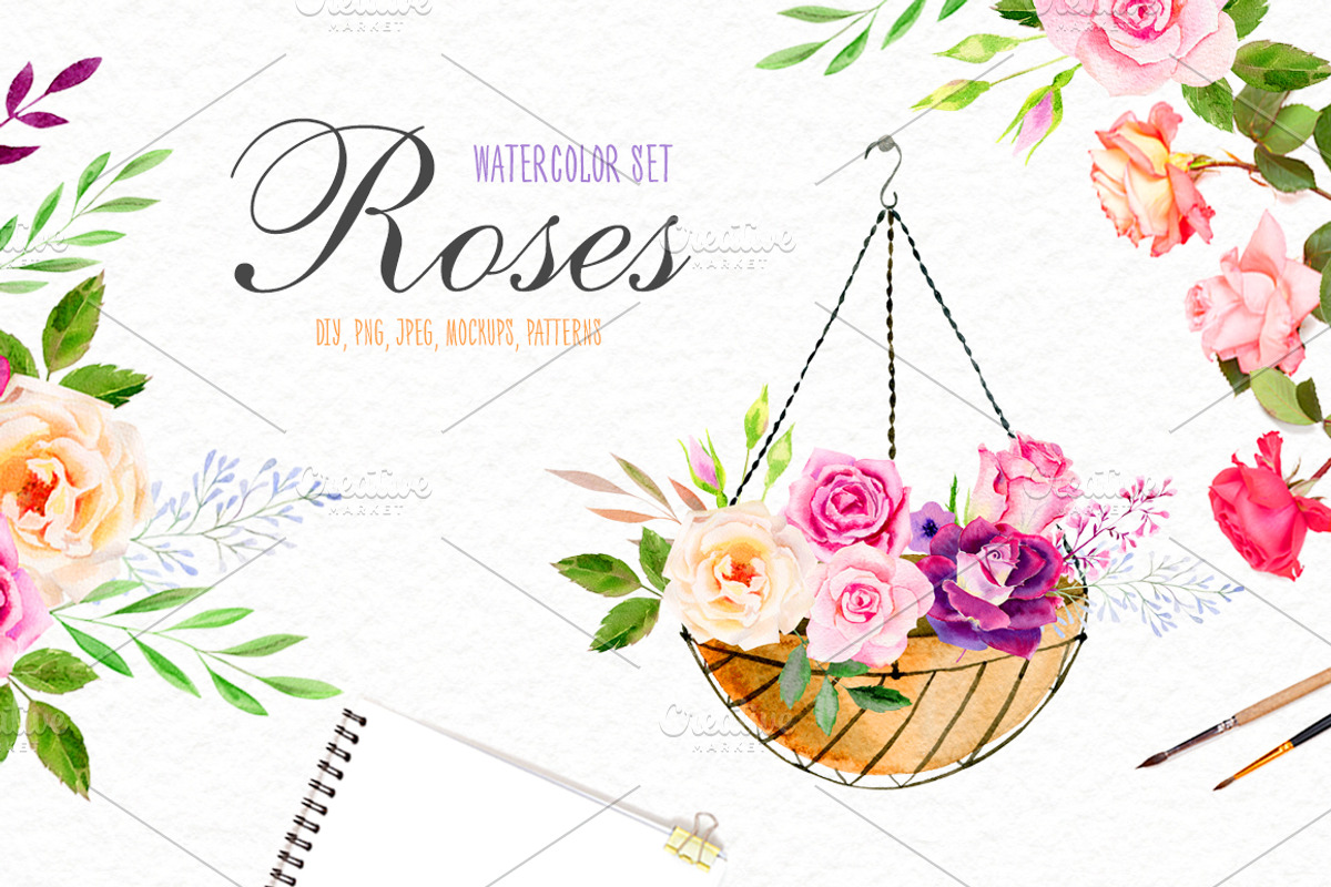 Watercolor roses & florals set, an Illustration by Elegantia (Photo 1 of 9)
