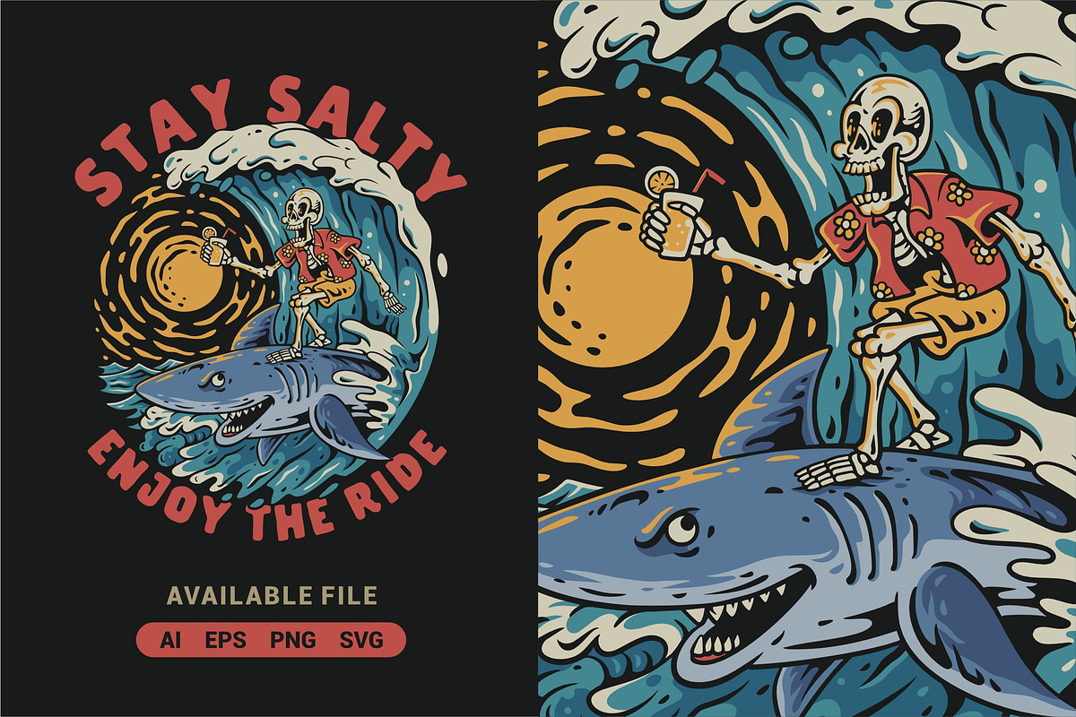 Skeleton Surfing on Shark Vector, an Illustration by ImoogiStudio