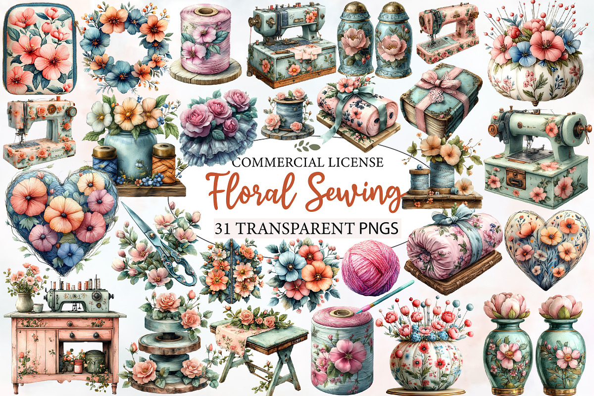 Floral Sewing Sublimation Clipart, an Illustration by Designworld (Photo 1 of 5)
