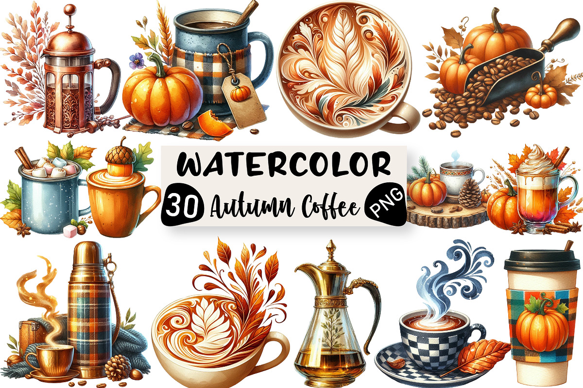 Vintage Autumn Coffee Clipart, an Illustration by Black Bird Studio (Photo 1 of 6)