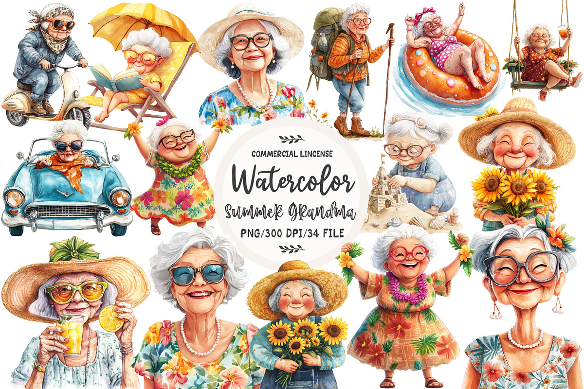 Watercolor Summer Grandma Clipart, an Illustration by OK Design (Photo 1 of 5)
