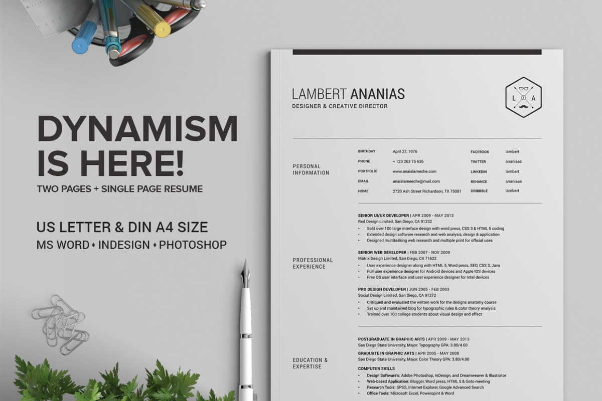 2 Pages Resume CV Pack - Lambert, a Resume Template by SNIPESCIENTIST (Photo 1 of 5)