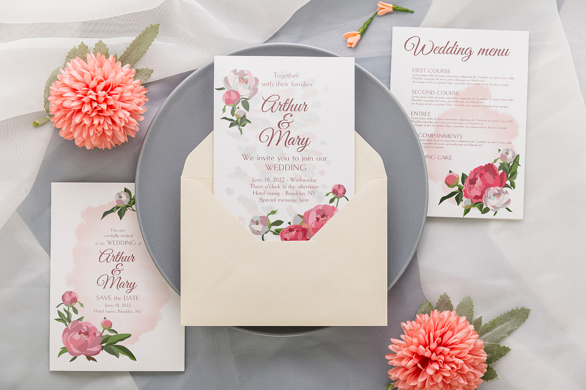 Peony wedding invitations template, an Invitation Template by Doodle emporium (Photo 1 of 6)