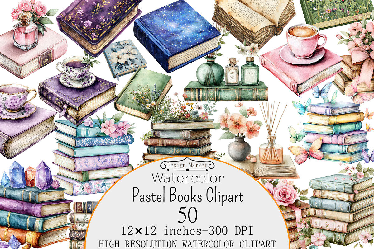Watercolor Pastel Books Clipart, a Seasonal Illustration by Design Market (Photo 1 of 5)