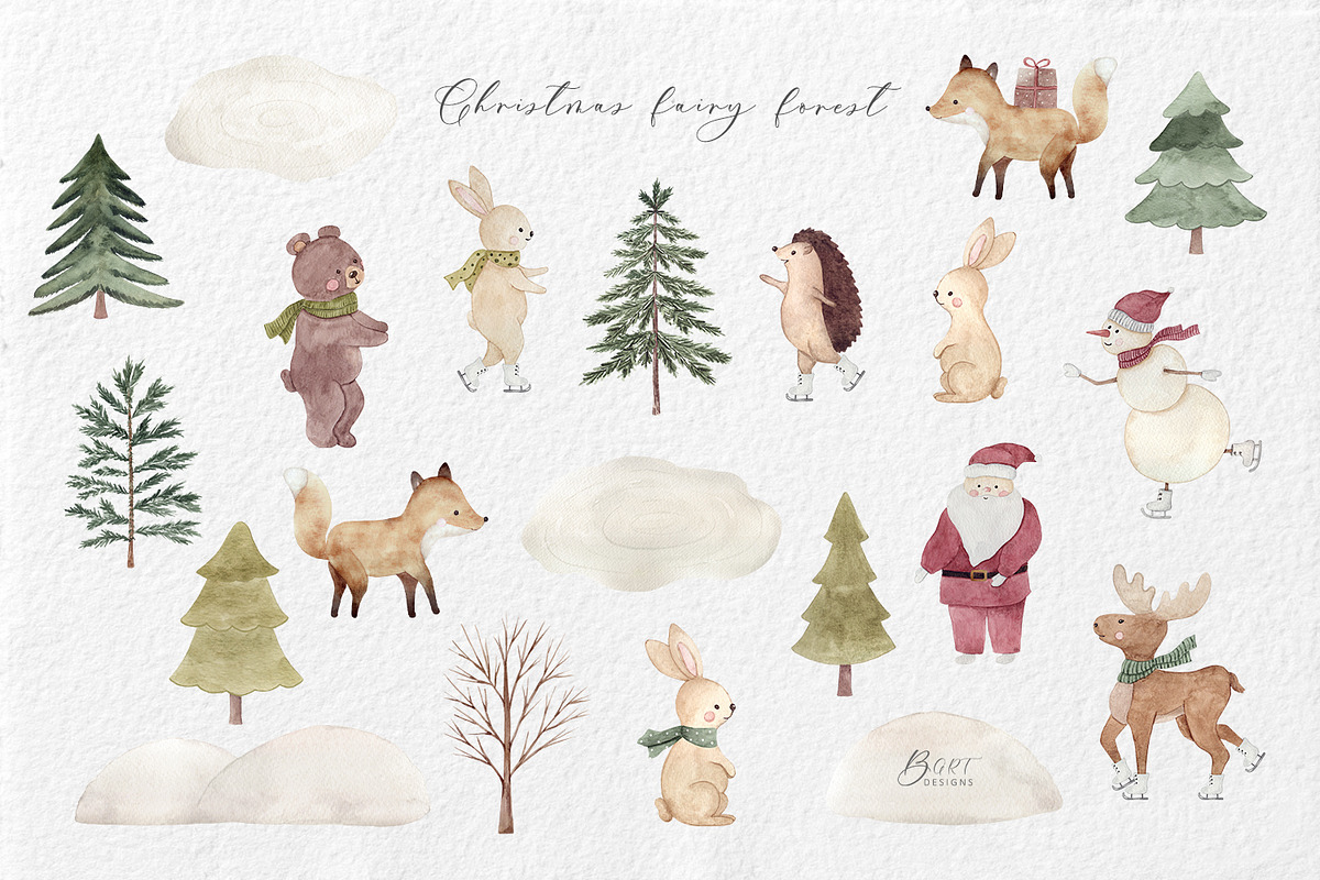 Christmas fairy forest watercolor, an Animal Illustration by BrushArtDesigns (Photo 5 of 11)