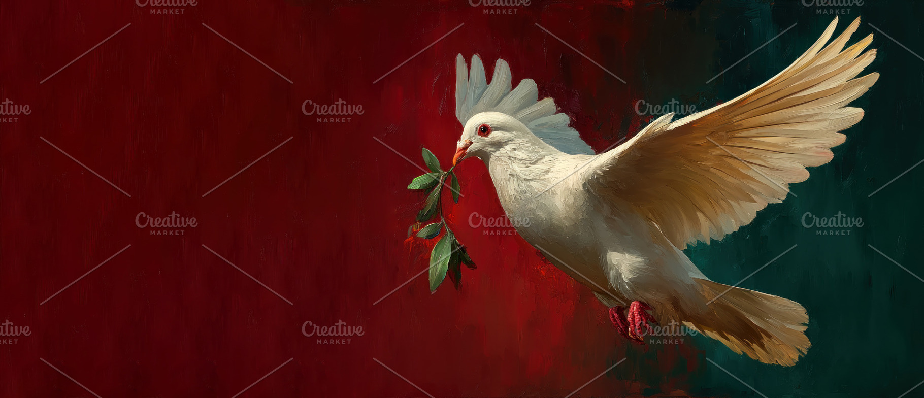 White dove flying with olive branch in beak against textured red, an Animal Photo by José Manuel Gelpi