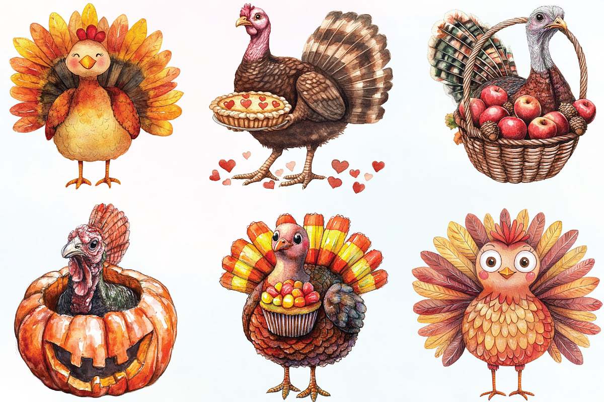 Watercolor Autumn Turkey Clipart, an Illustration by CraftArtStudio (Photo 3 of 6)
