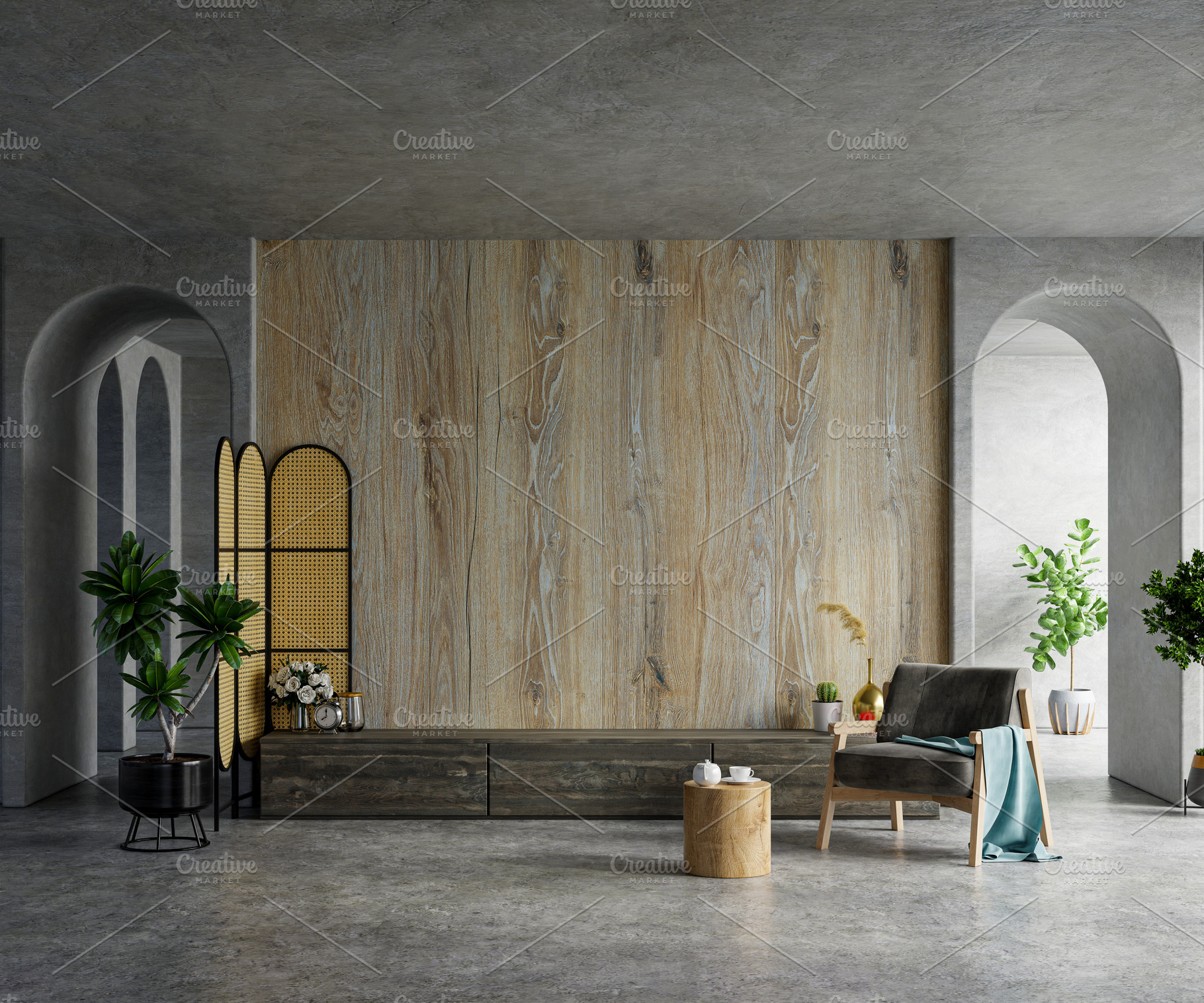 Mockup a TV wall mounted in a cement, an Architecture Photo by vanitjan