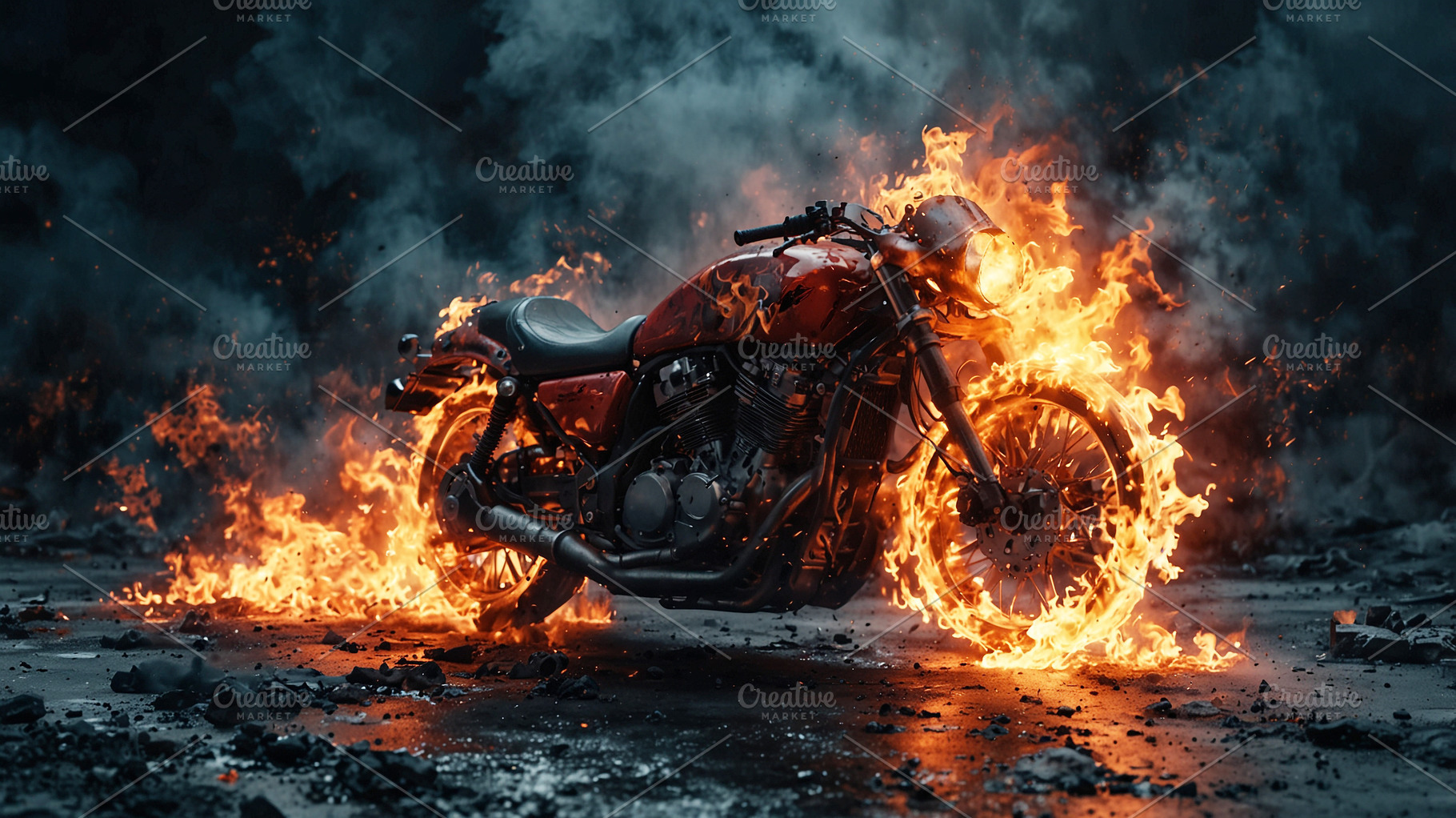 Fiery Motorcycle Inferno A Dramatic, a Transportation Photo by Stock Shape
