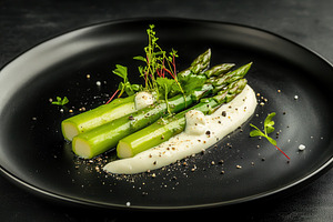 Green asparagus with creamy sauce, a Photo by Pavel_design