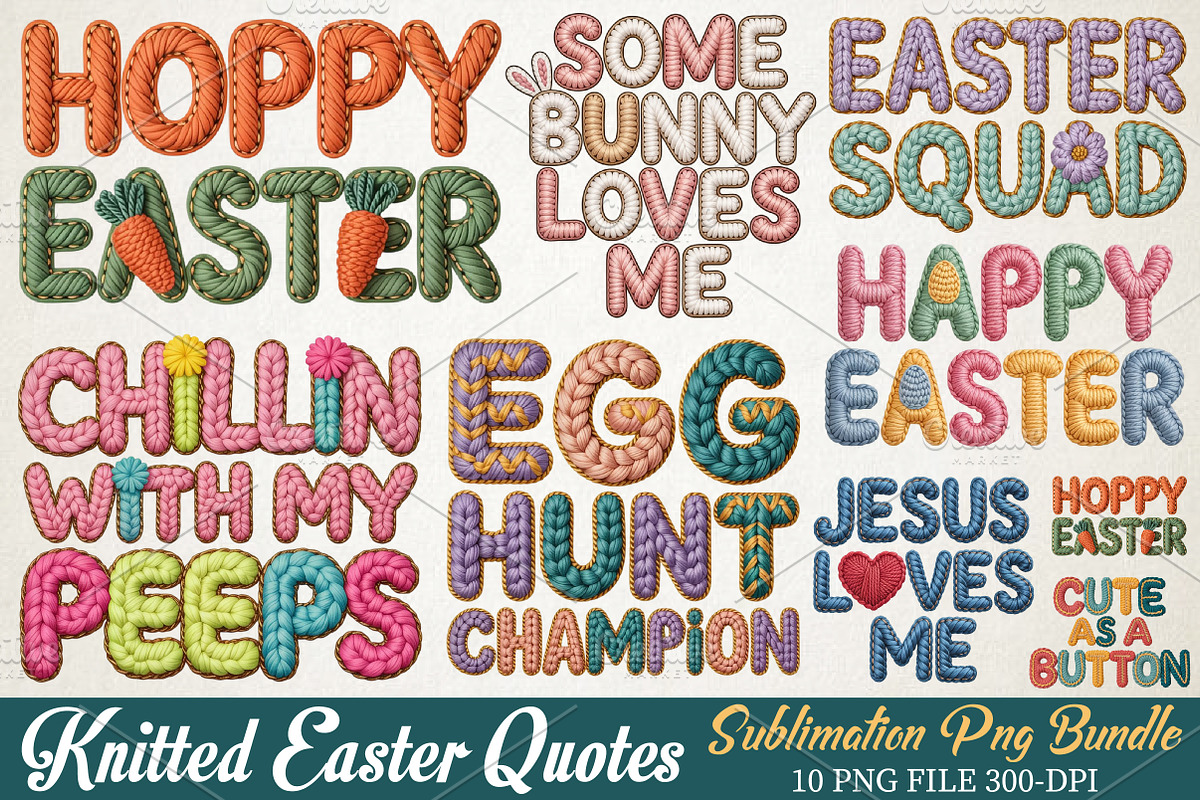 Knitted Easter Quotes PNG Bundle, an Illustration by RobertsArt (Photo 1 of 9)