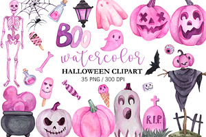 Watercolor Pink Halloween Clipart, a Seasonal Illustration by PatternPalette