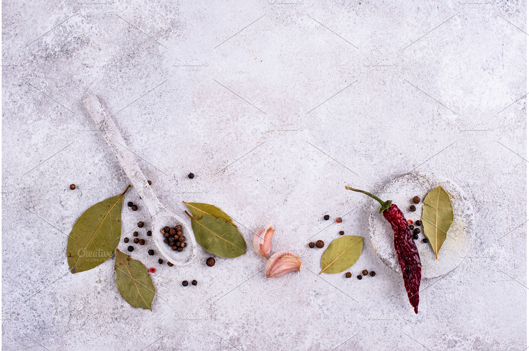 Culinary background with pepper, bay, a Food & Drink Photo by Yulia Furman