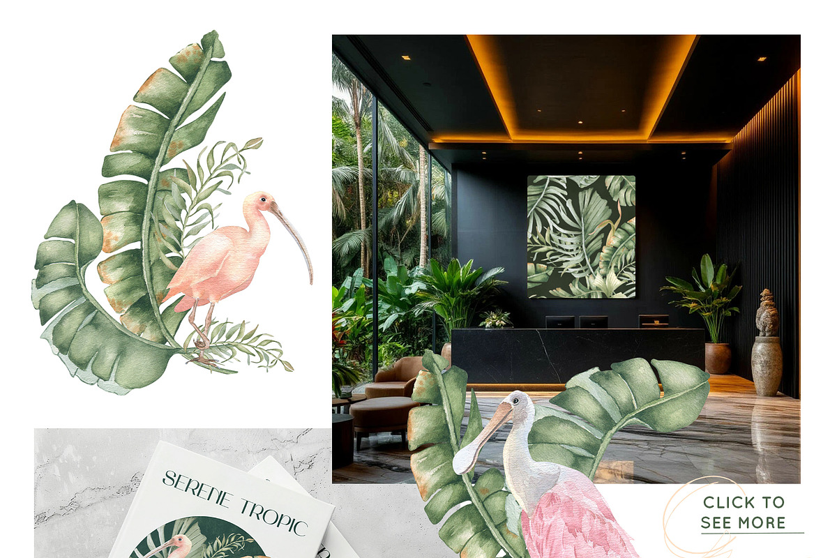 Tropical leaves and birds watercolor, an Illustration by Kate Lanbina (Photo 6 of 19)
