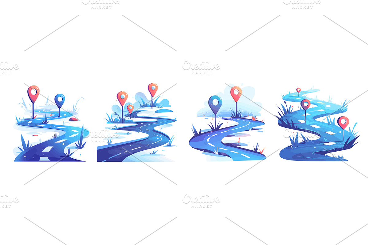 Winter road route. Road trip curve, an Illustration by Stock-Smart-Start