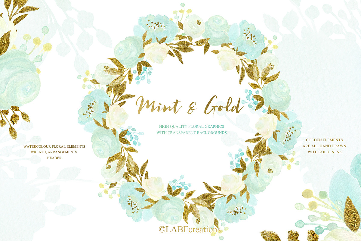 Mint and Gold. Watercolor flowers, an Illustration by LABFcreations (Photo 4 of 7)
