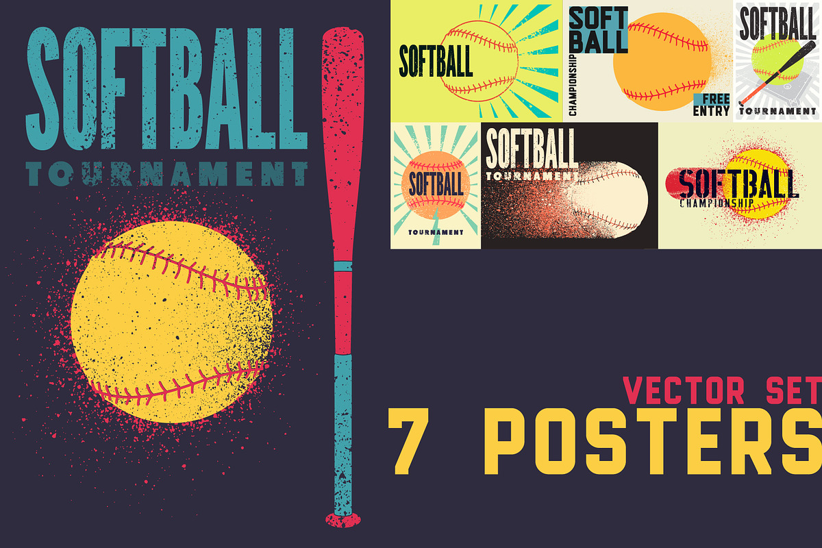 Softball vector poster set., a Sport Illustration by PoPaShop (Photo 1 of 8)
