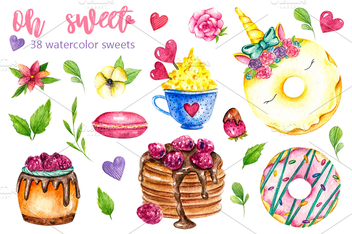 Sweets desserts watercolor clipart, a Decorative Illustration by UlitkaStudio (Photo 2 of 7)