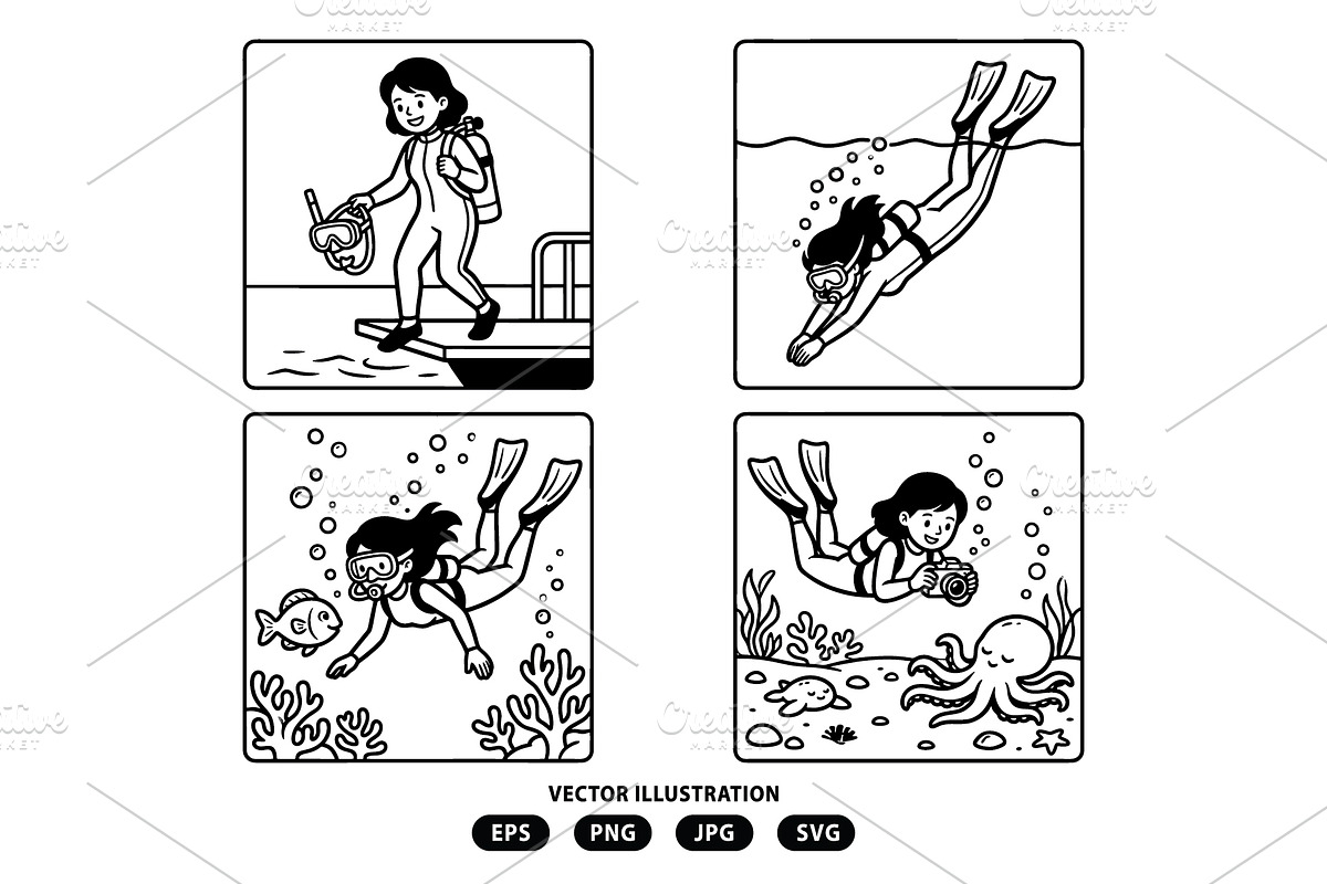 Activity of a woman diving in sea, a Person Illustration by Vectorlina (Photo 2 of 3)