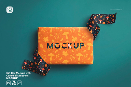 Gift Box with Curled Silk Ribbons, a Packaging Mockup by Custom Scene