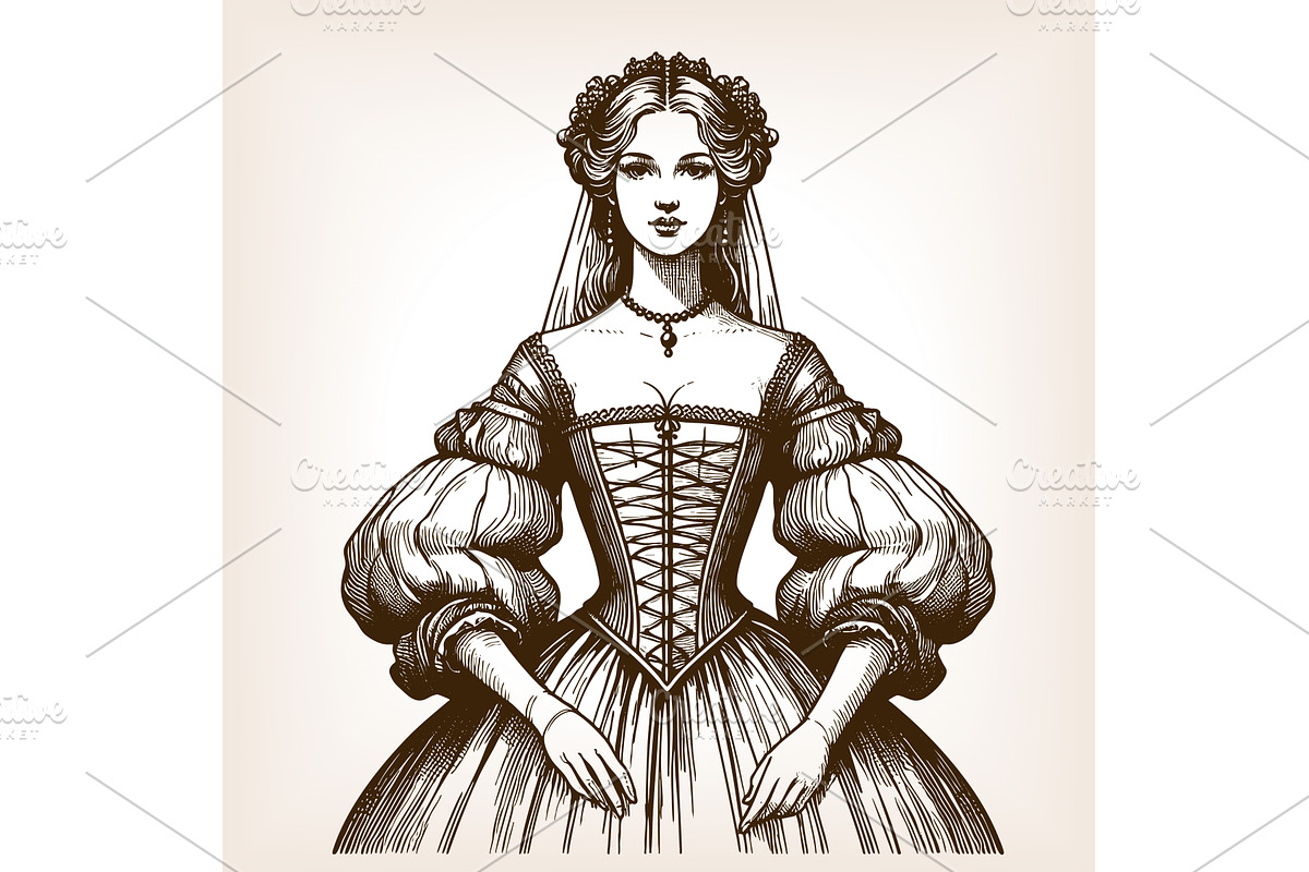 woman in historical dress engraving, an Illustration by AlexArt