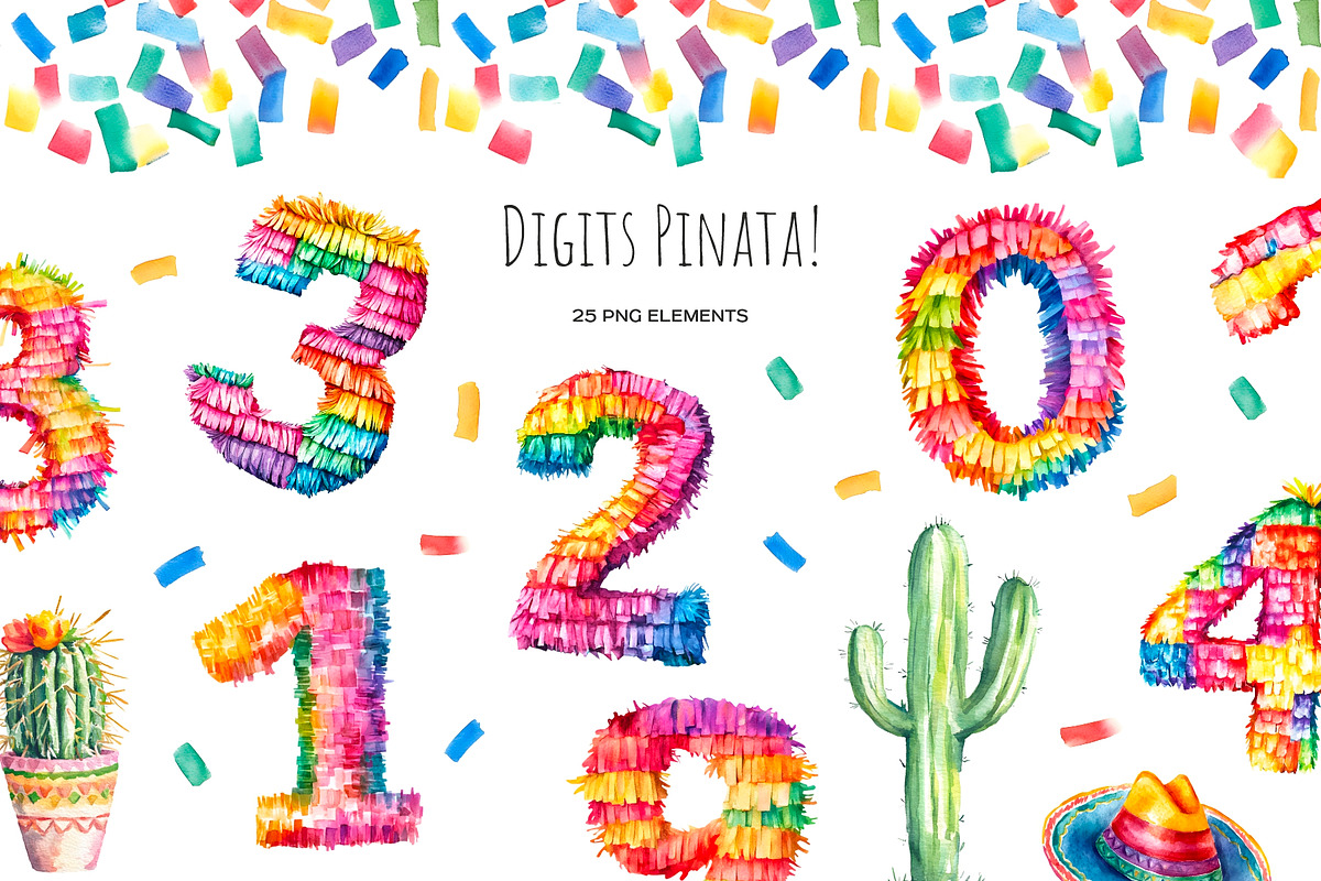 Watercolor 0-9 digits pinata clipart, an Object Illustration by Art and Funny (Photo 1 of 9)