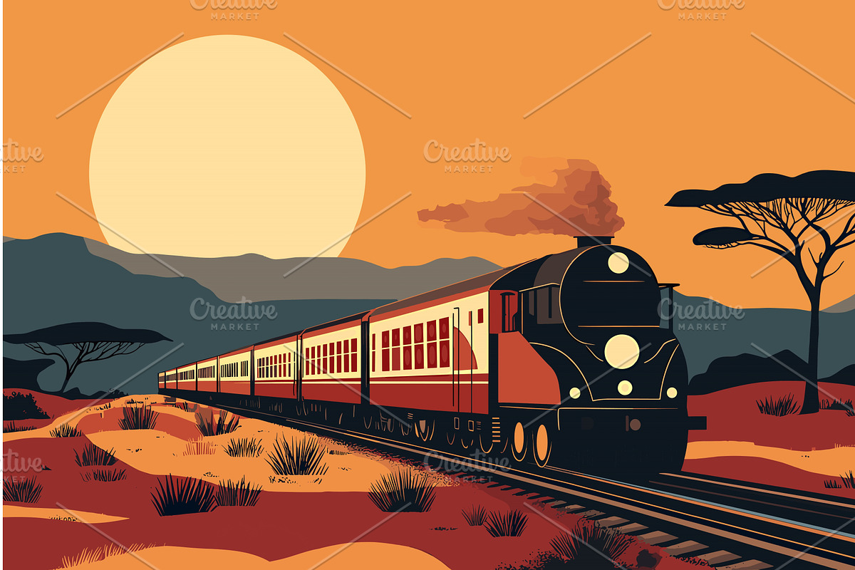 Retro train in the African landscape, a Transportation Illustration by Valerie Bodnar
