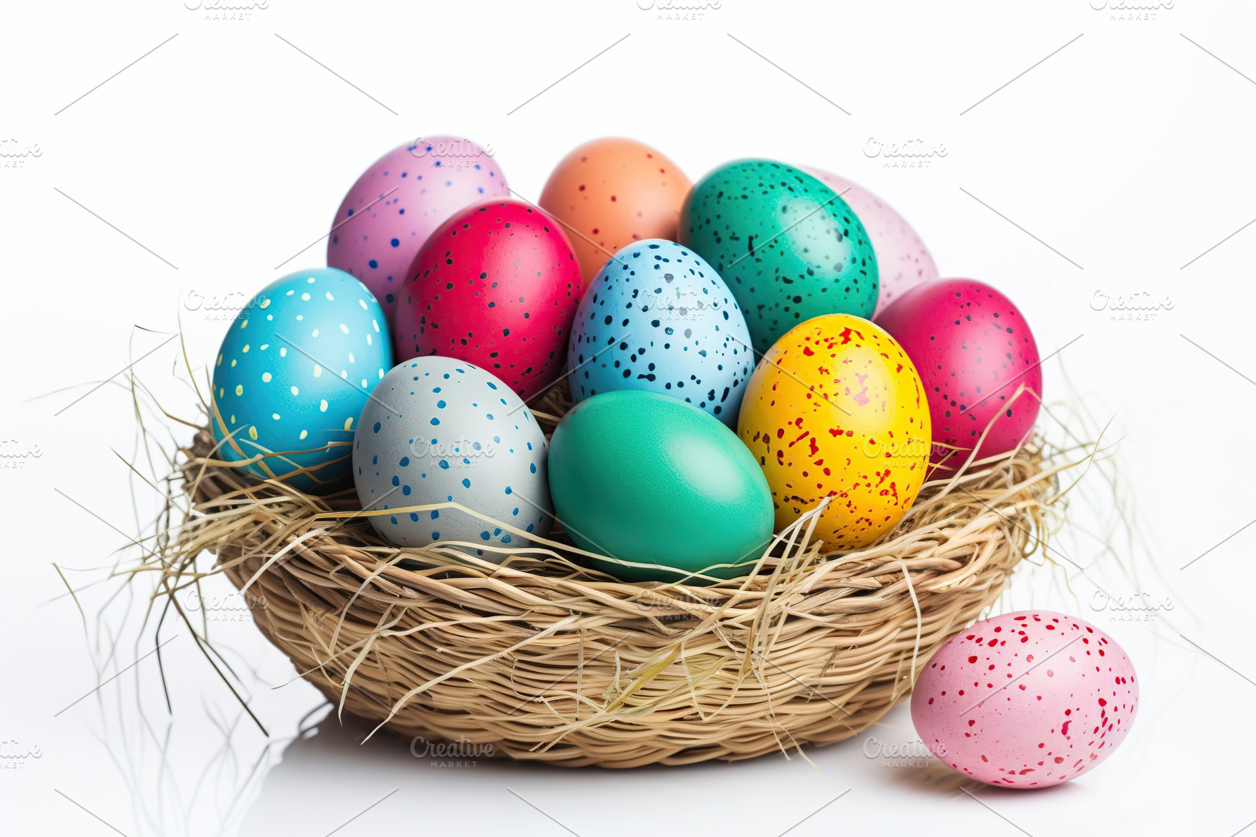 Basket with colorful easter eggs isolated on white background, a Holiday Photo by AlyaAnd