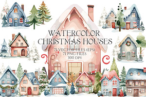 Watercolor Christmas Houses