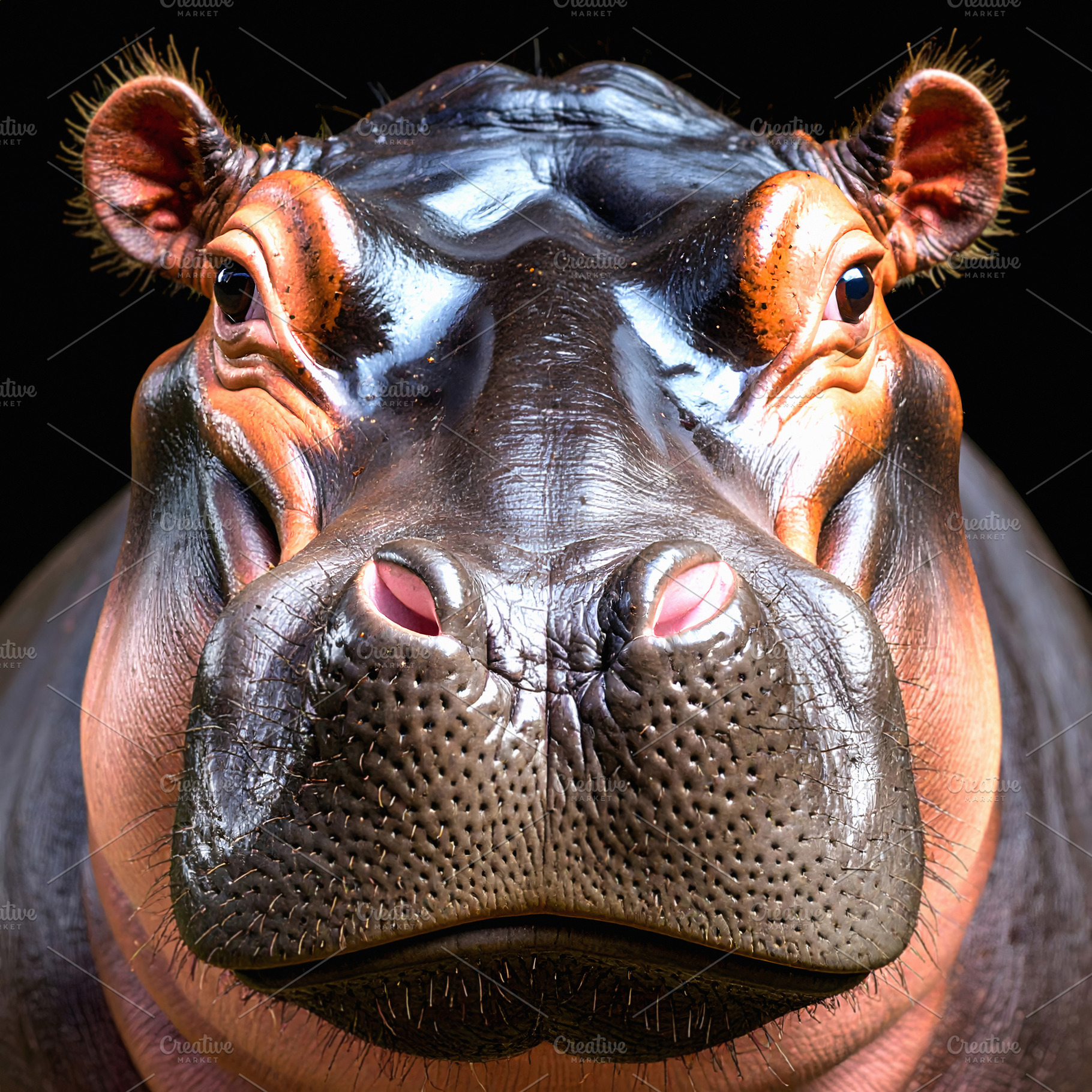 Bright detailed portrait of a hippopotamus face close up, an Animal Photo by GoodGoods