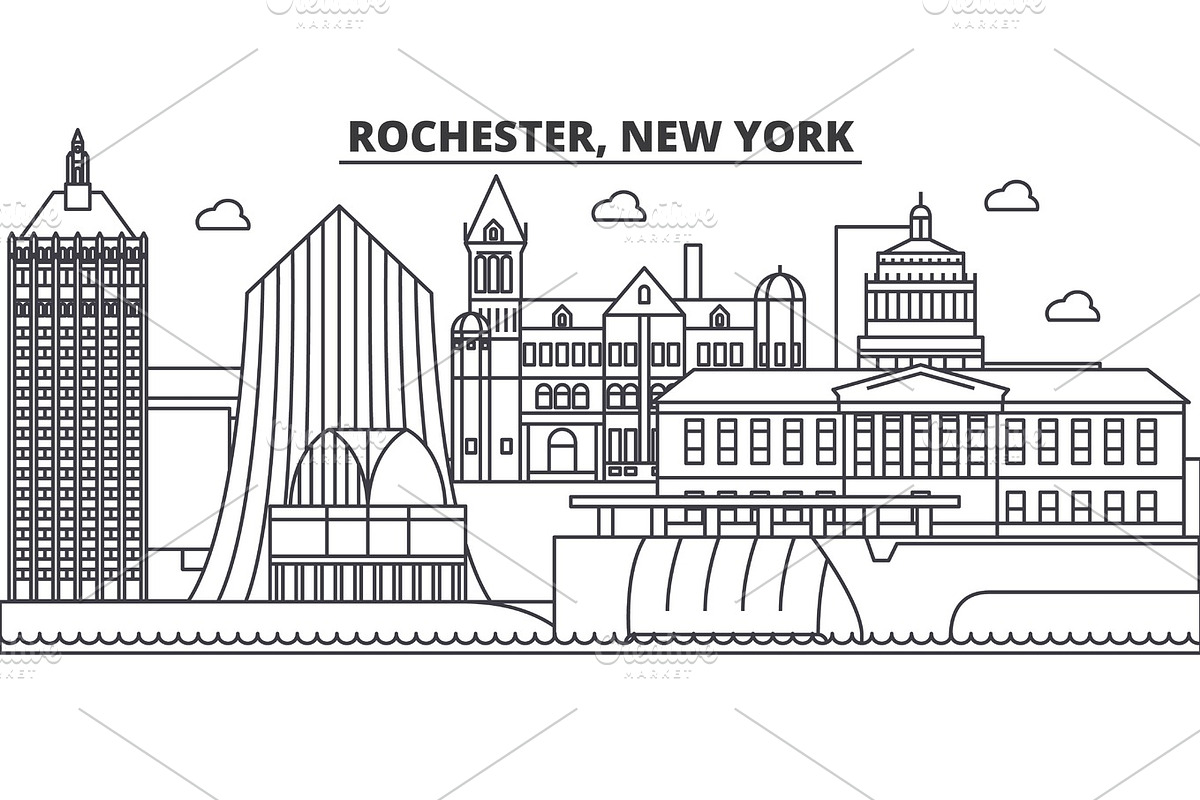 Rochester, New York architecture line skyline illustration. Linear vector cityscape with famous landmarks, city sights, design icons. Landscape wtih editable strokes, a Work Illustration by urban icon
