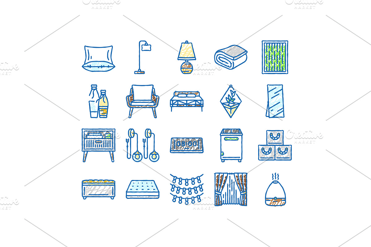bedroom room interior bed icons hand, an Object Illustration by pikepicture