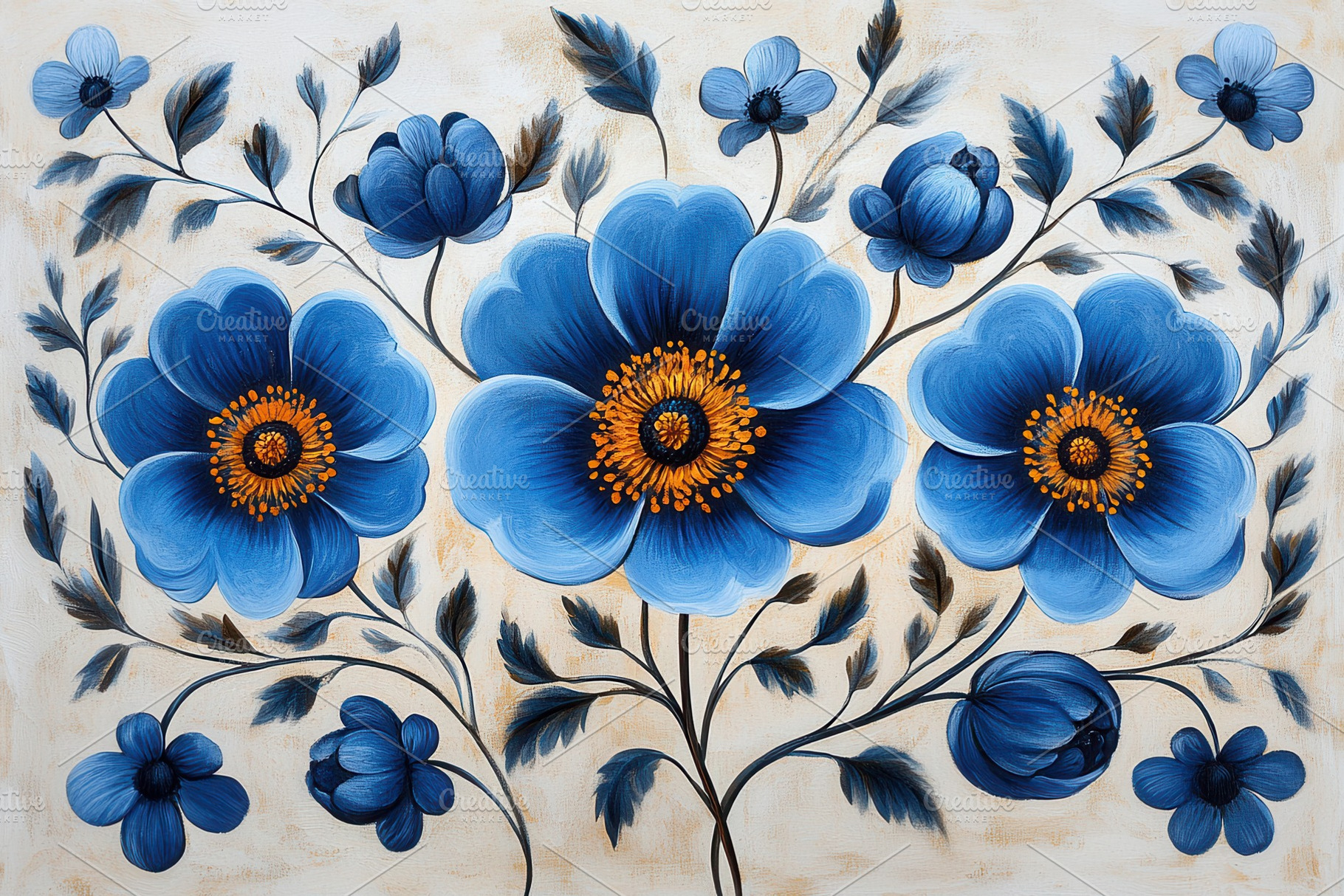 Bright blue flowers bloom against a, a Photo by Tanuart