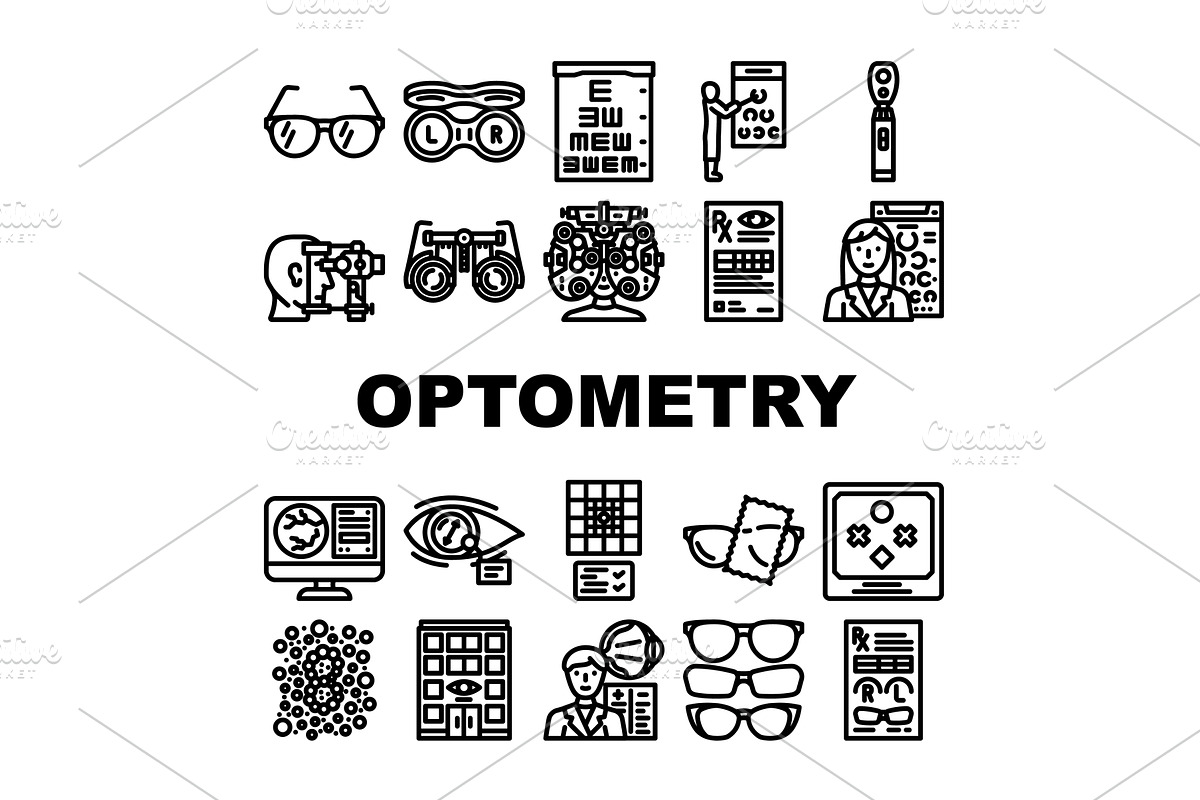 optometry vision eyewear icons set, an Object Illustration by pikepicture