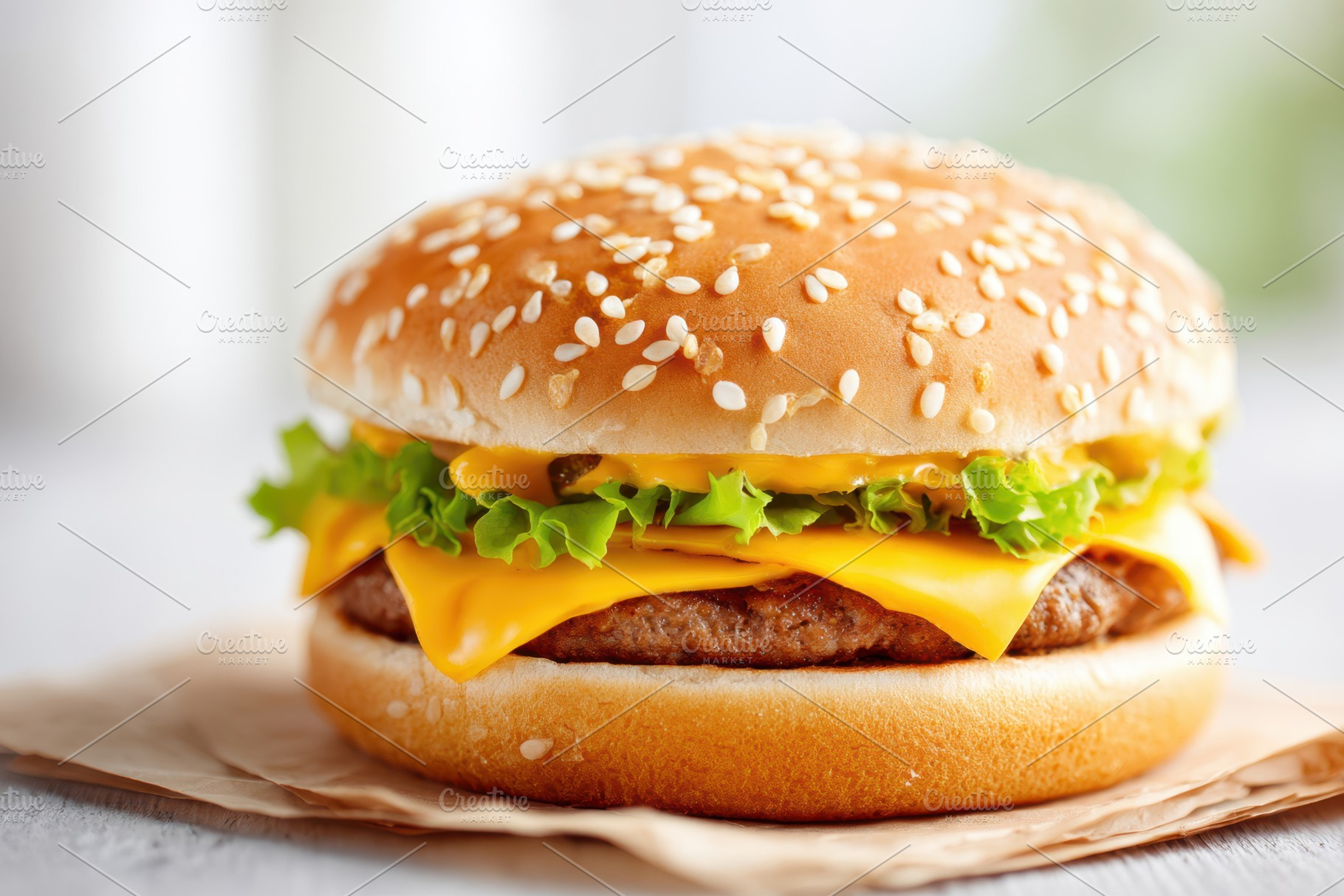 Double cheeseburger with sesame bun, a Food & Drink Photo by AlyaAnd