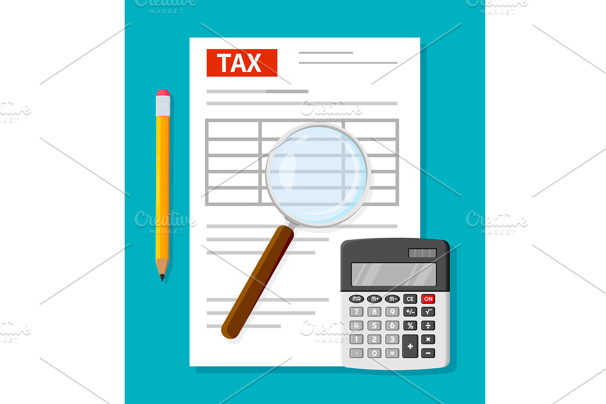 Tax form, pencil, a magnifying glass, a Finance Illustration by Buch&Bee