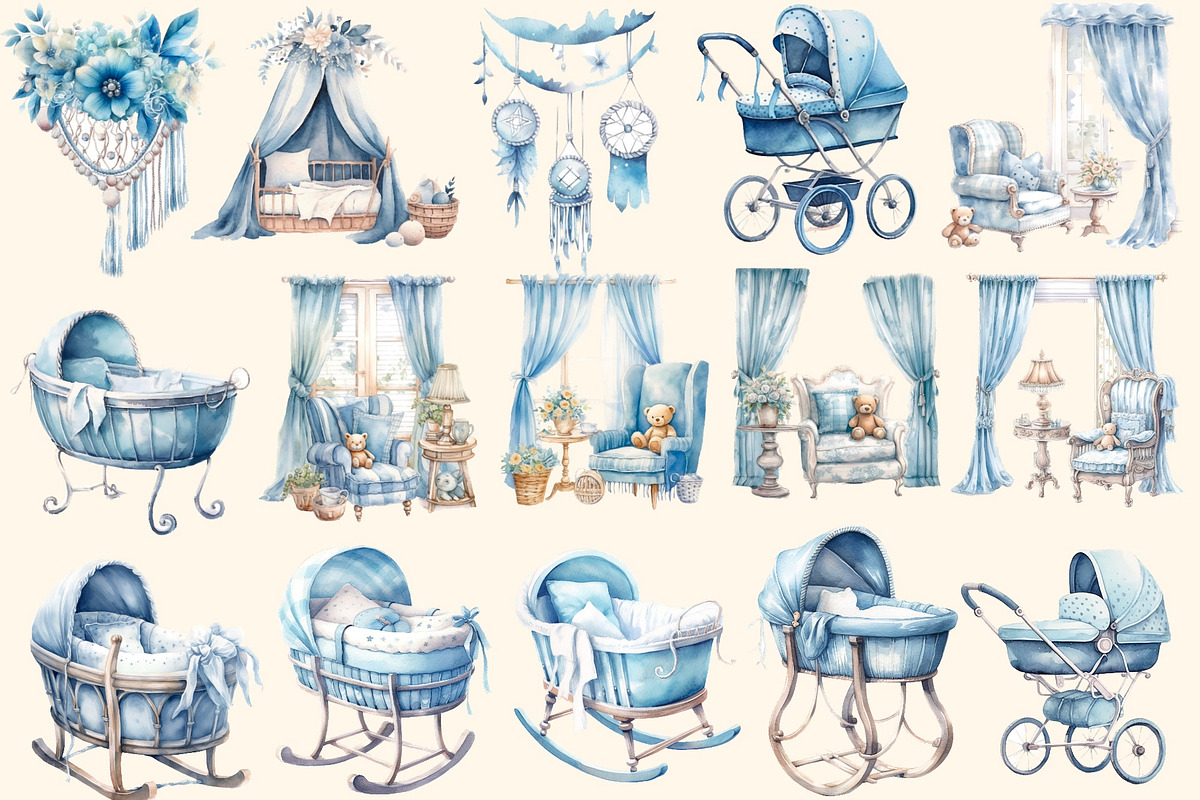 Blue dreams, Boho watercolor clipart, an Illustration by Hello My Print (Photo 6 of 10)