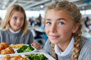 Happy schoolgirls enjoying lunch together in a bright cafeteria during school h, a Person Photo by AlyaAnd