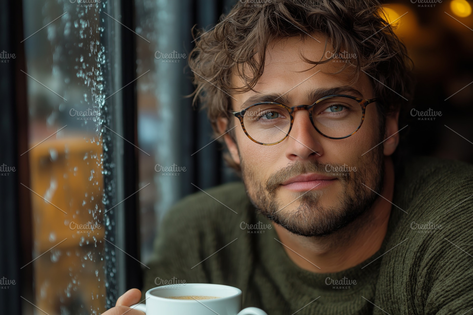 A relaxed Caucasian man with curly hair and glasses enjoys a warm drink by a ra, a Person Photo by ImageMir