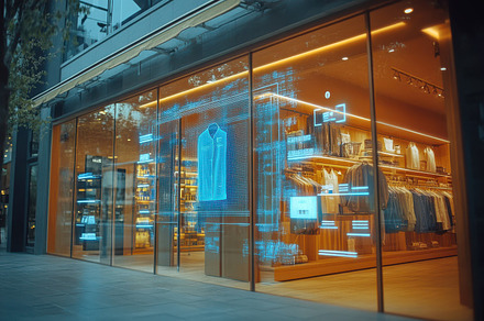 Modern retail store with holographic, a Background Photo by Pixeness