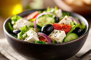 Fresh Greek salad in rustic bowl, a Food & Drink Photo by MistyDay