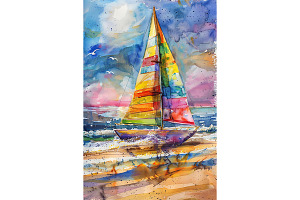 Colorful Sailboat Art Ocean Print, a Decorative Illustration by Art Paradise Studios